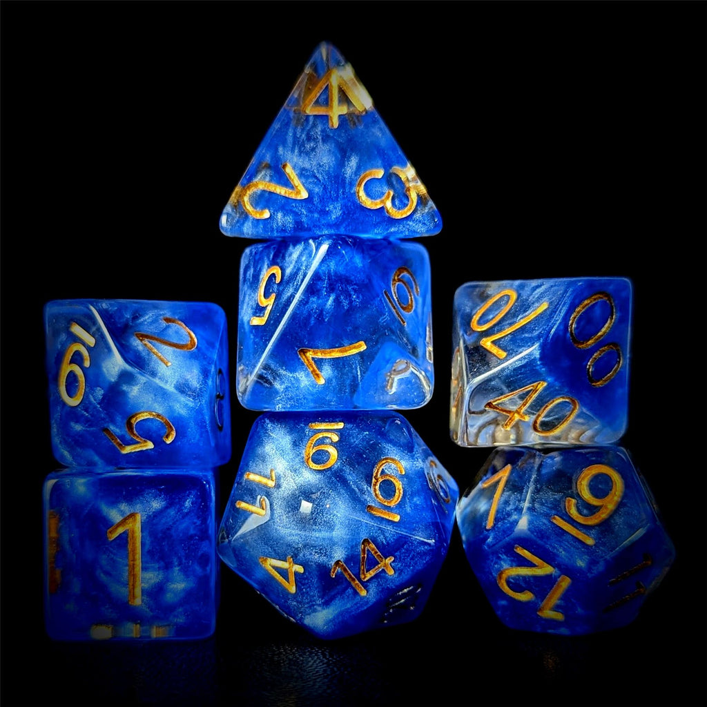 Royal Blue Swirl in Clear Resin - 7pcs RPG Full Dice Set