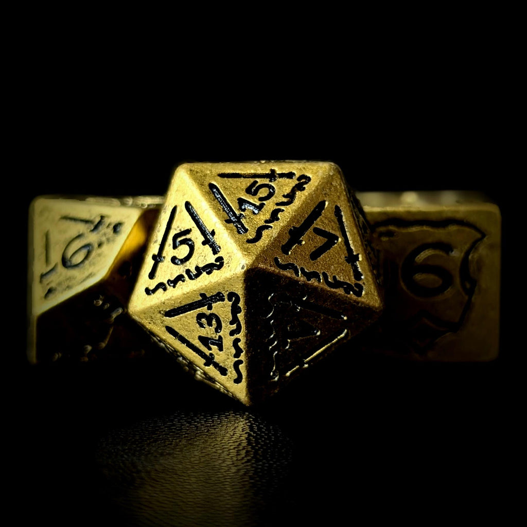 7pcs RPG Full Dice Set - Black Pattern on Gold Resin