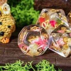 Pink Flowers in Clear Resin - 7pcs RPG Full Dice Set