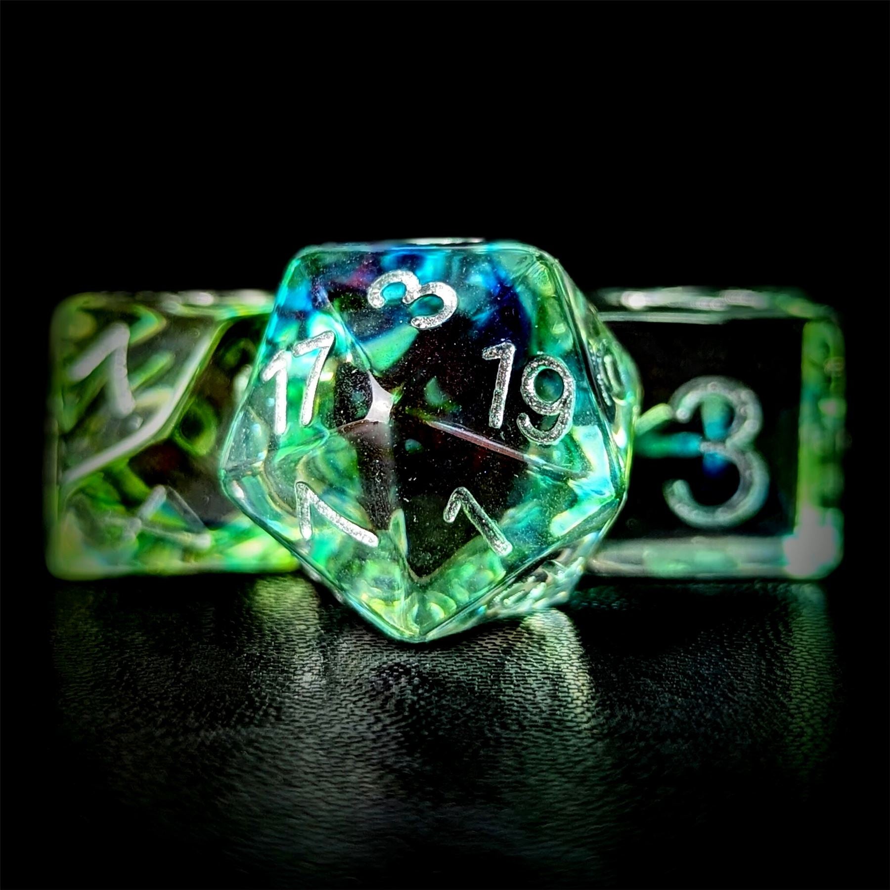 Green & Black with Blue Swirl in Clear Resin - 7pcs RPG Full Dice Set