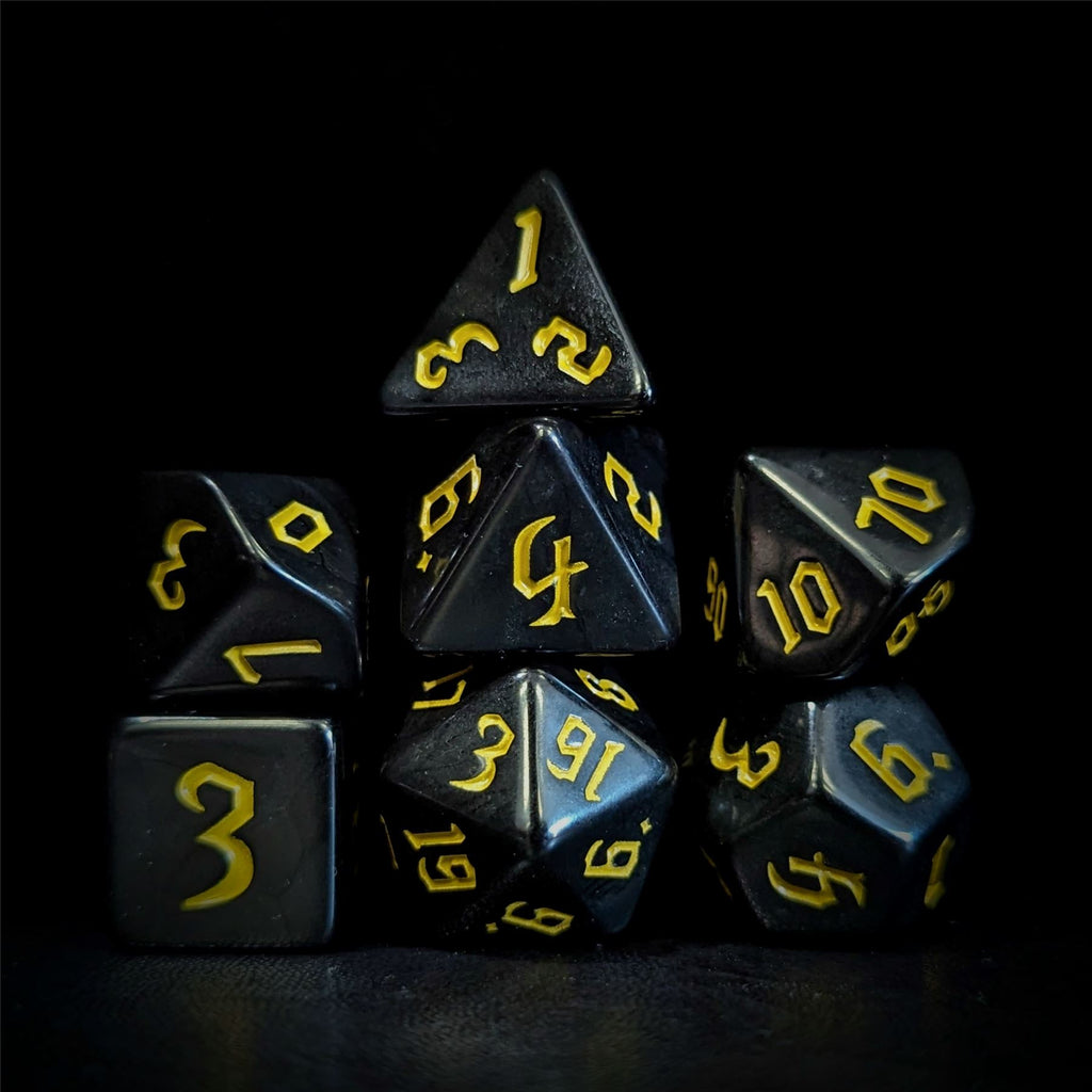 Yellow on Solid Black Acrylic - 7pcs RPG Full Dice Set