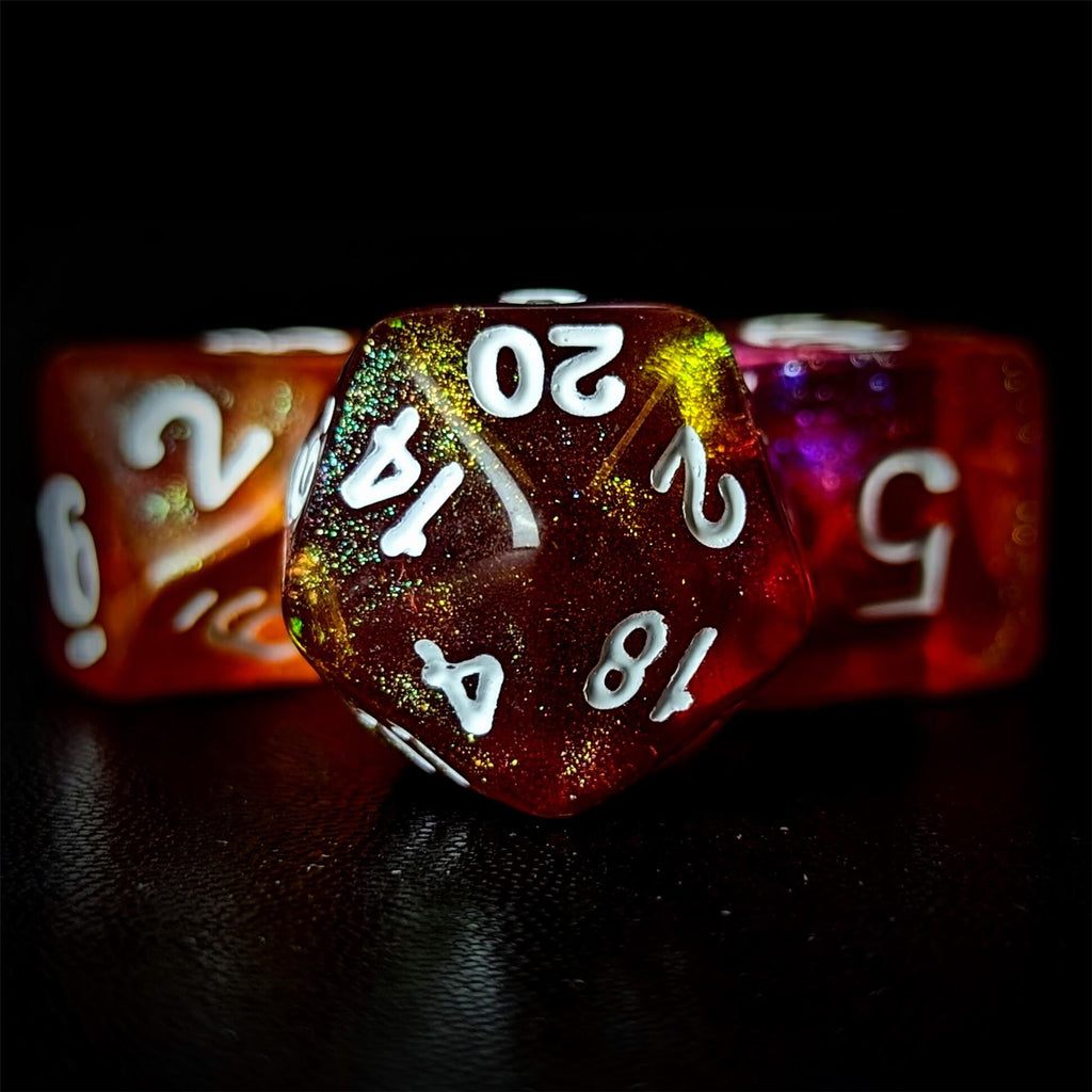Glitter in Orange & Pink Acrylic - 7pcs RPG Full Dice Set