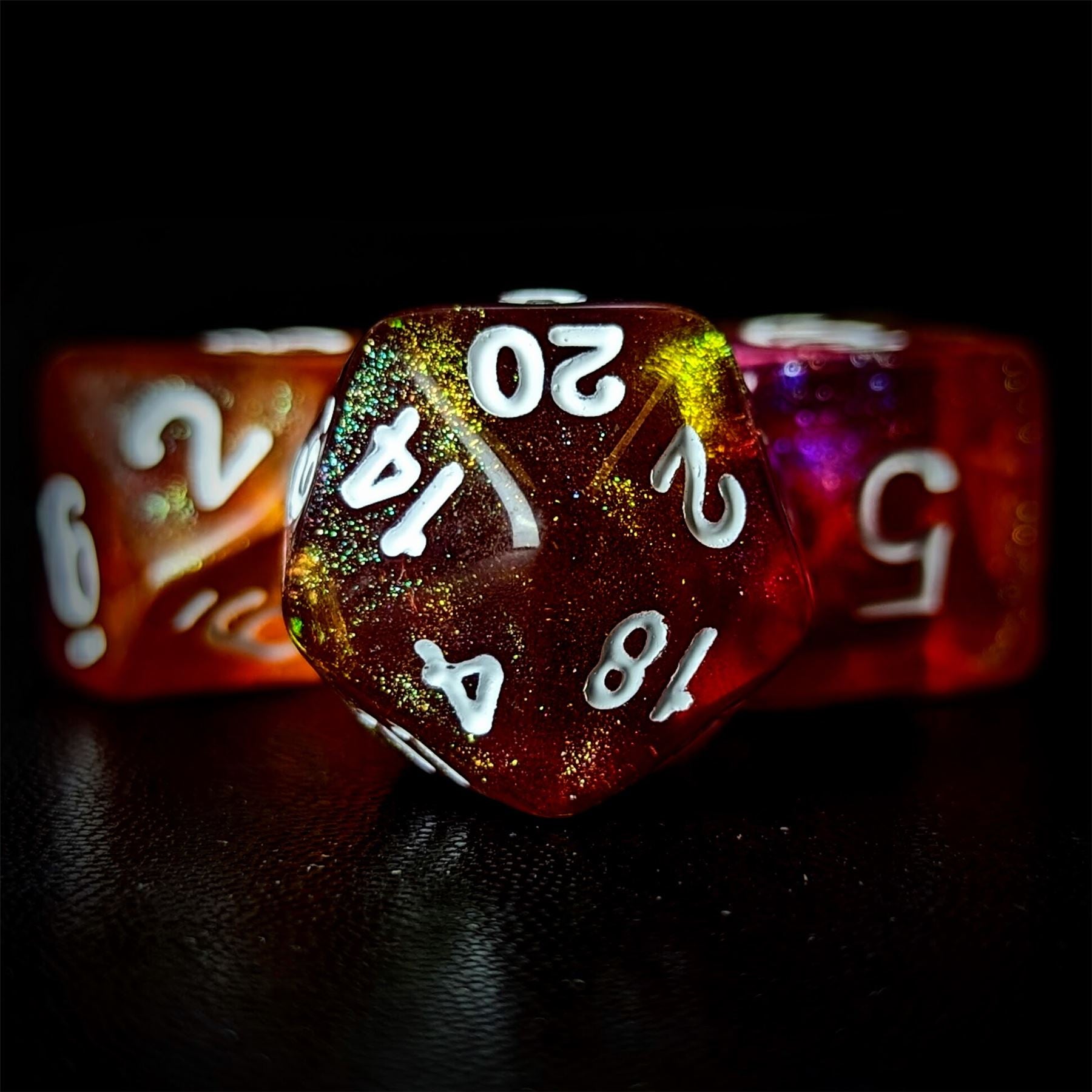 Glitter in Orange & Pink Acrylic - 7pcs RPG Full Dice Set