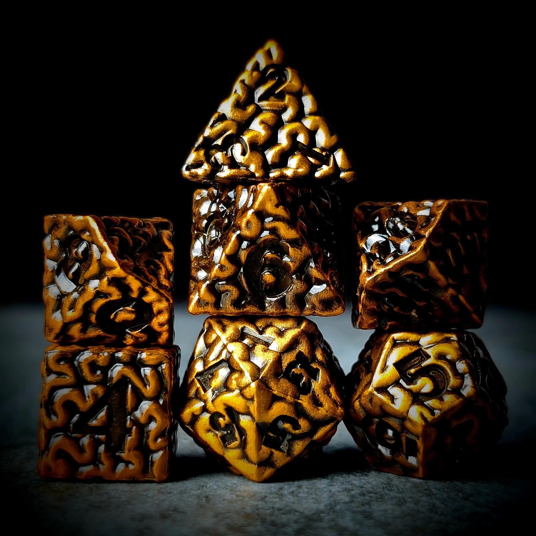 7pcs RPG Dice Set - Black Wash over Gold Metal Brains