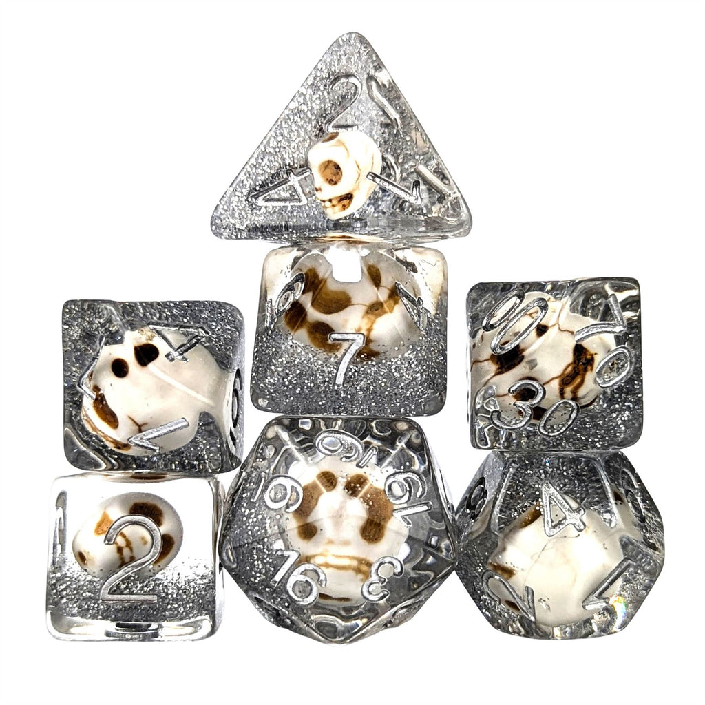 Skull & Silver Glitter in Clear Resin - 7pcs RPG Full Dice Set