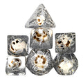 Skull & Silver Glitter in Clear Resin - 7pcs RPG Full Dice Set