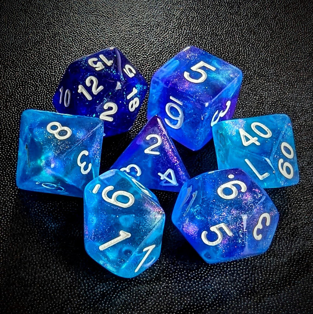 Glitter in Blue & Cyan Acrylic - 7pcs RPG Full Dice Set