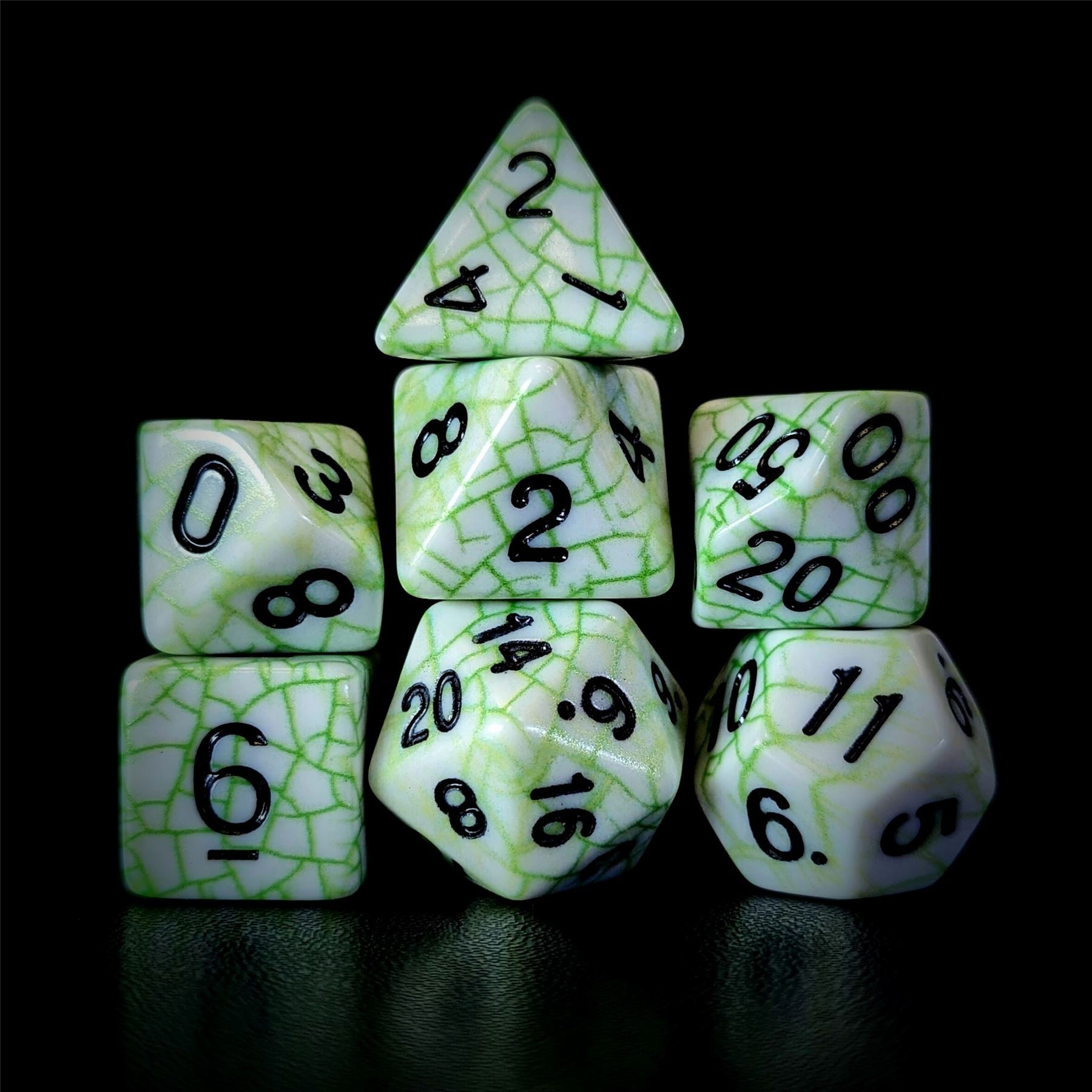 Cracked Green on White Acrylic - 7pcs RPG Full Dice Set