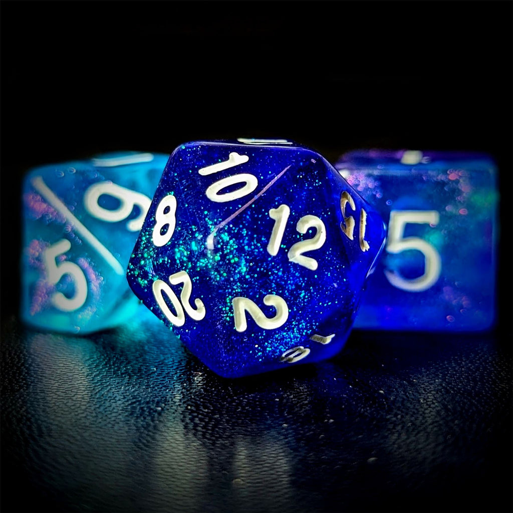 Glitter in Blue & Cyan Acrylic - 7pcs RPG Full Dice Set