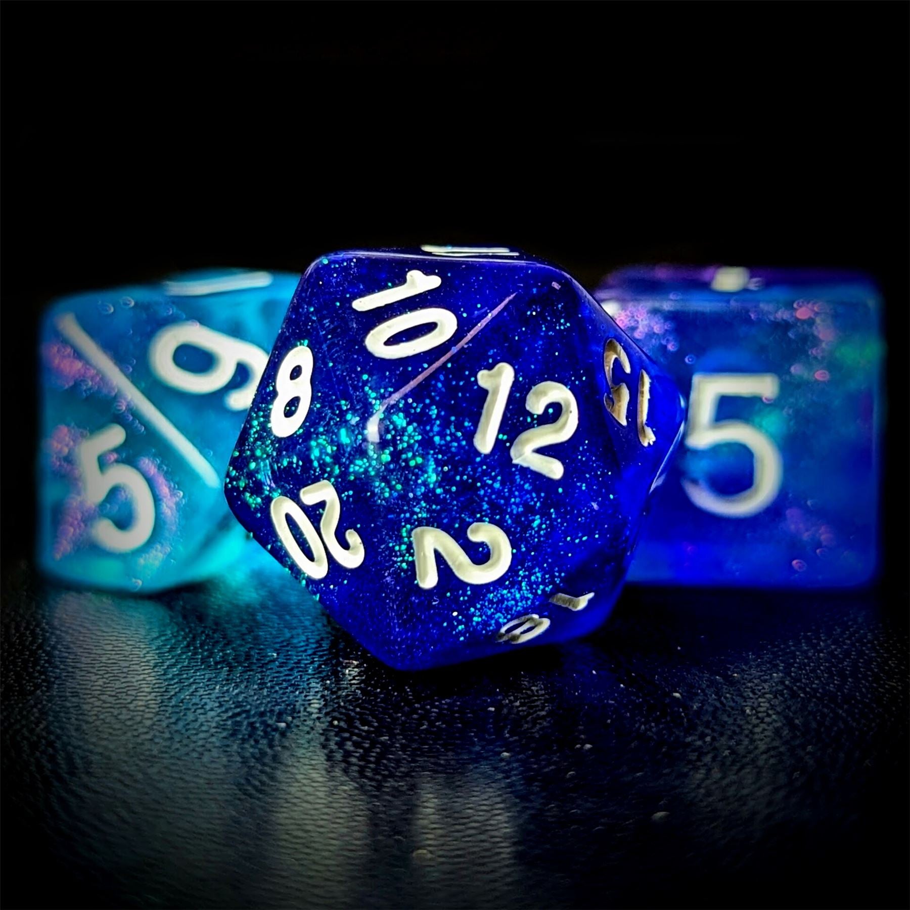 Glitter in Blue & Cyan Acrylic - 7pcs RPG Full Dice Set