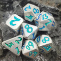 Green & Cyan Font in Silver Metal - 7pcs RPG Dice Set