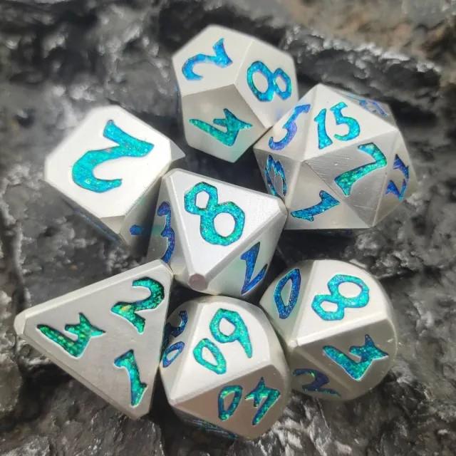 Green & Cyan Font in Silver Metal - 7pcs RPG Dice Set