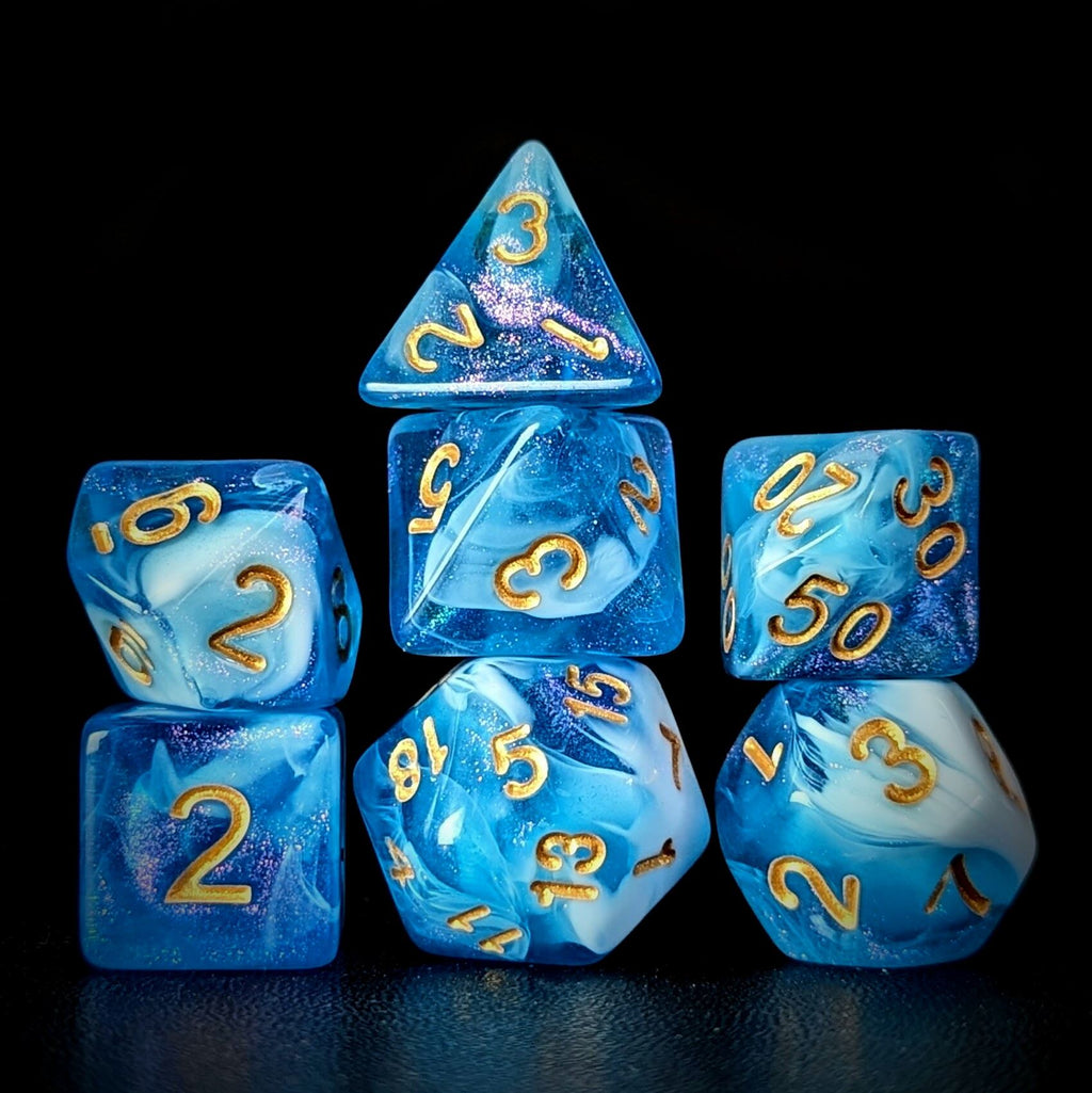 Glitter in Blue & White Acrylic - 7pcs RPG Full Dice Set