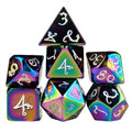 Rainbow Metal with White Dragon Font - 7pcs RPG Dice Set