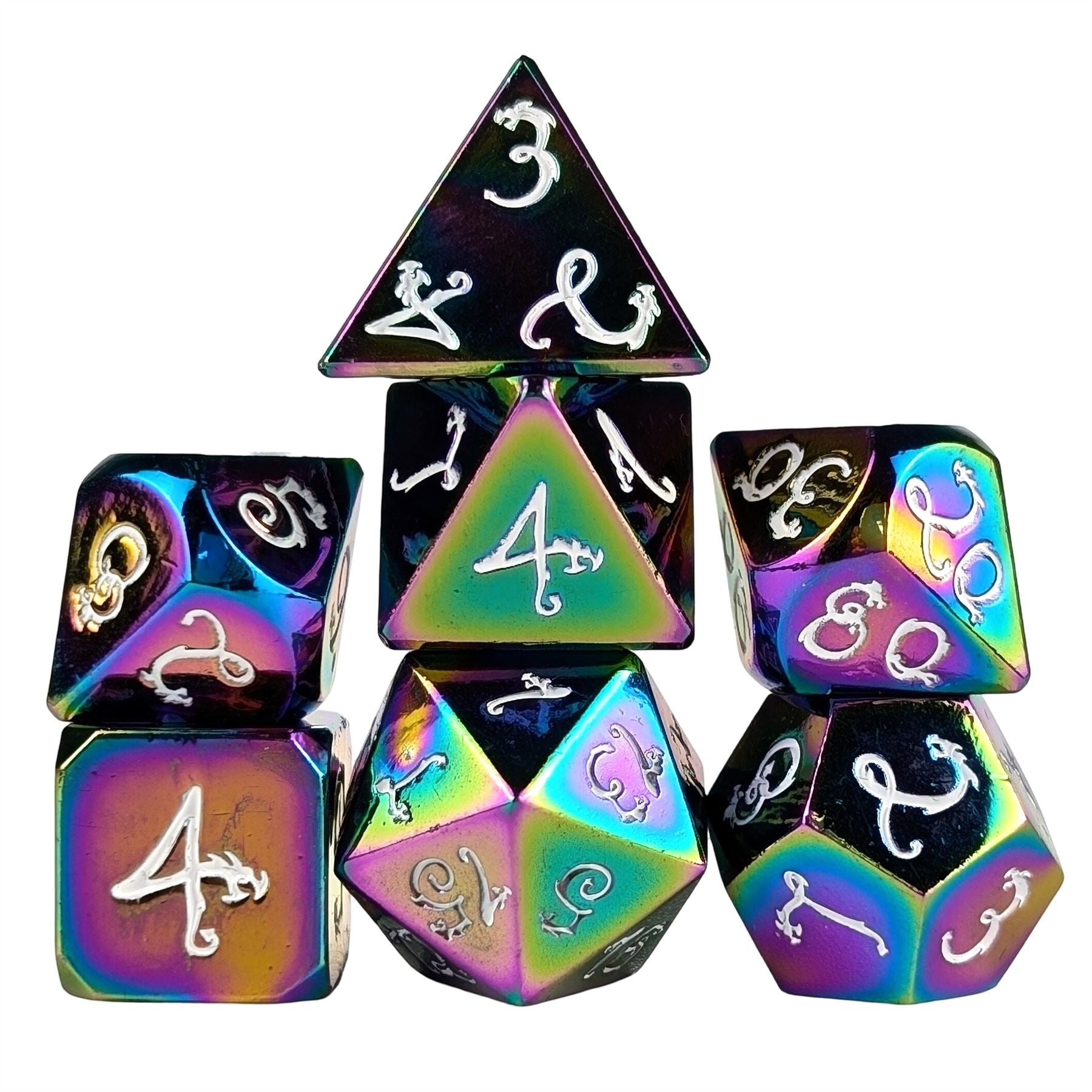 Rainbow Metal with White Dragon Font - 7pcs RPG Dice Set