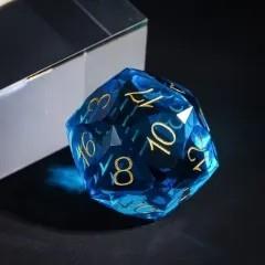 D20 30mm Dice Gem Glass Facet Gold Font Blue