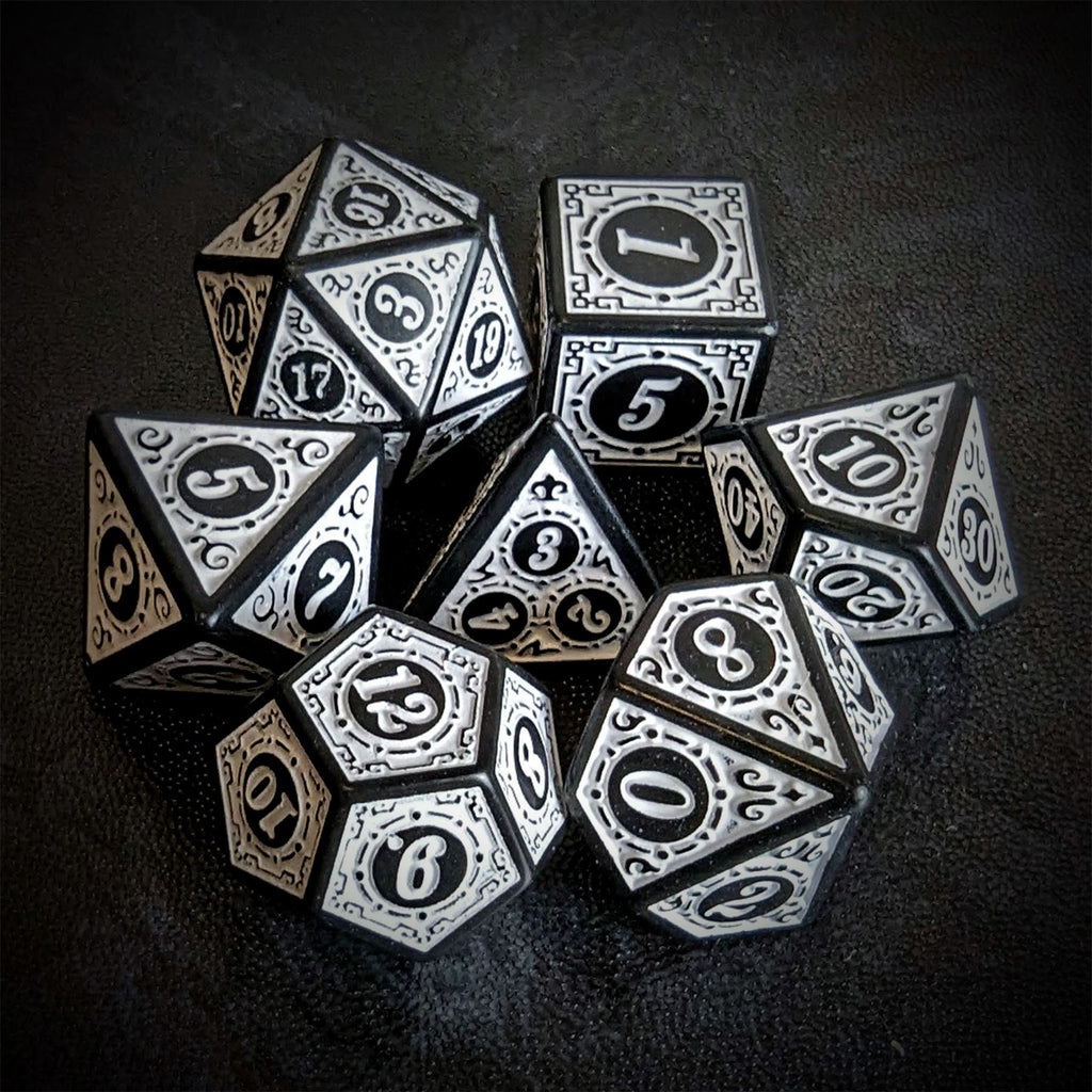 White Lattice on Black Acrylic - 7pcs RPG Full Dice Set