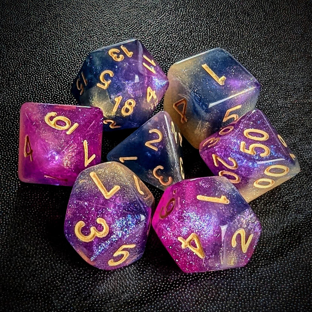 Glitter in Purple & Blue Acrylic - 7pcs RPG Full Dice Set