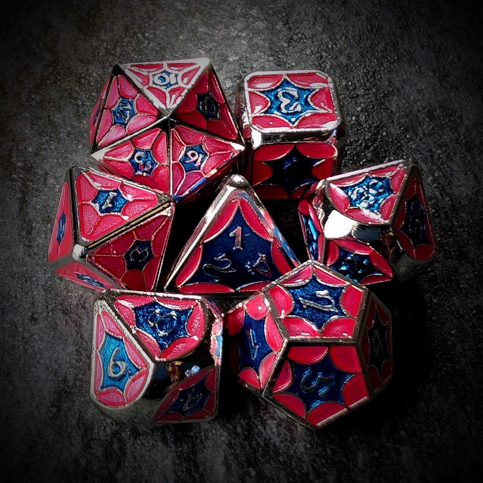 Pink & Blue Spider's Web in Silver Metal - 7pcs RPG Dice Set