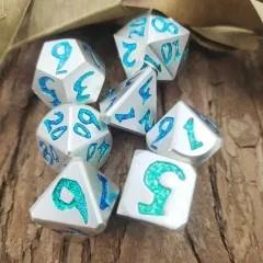 Green & Cyan Font in Silver Metal - 7pcs RPG Dice Set