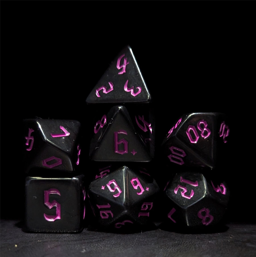 Magenta on Solid Black Acrylic - 7pcs RPG Full Dice Set