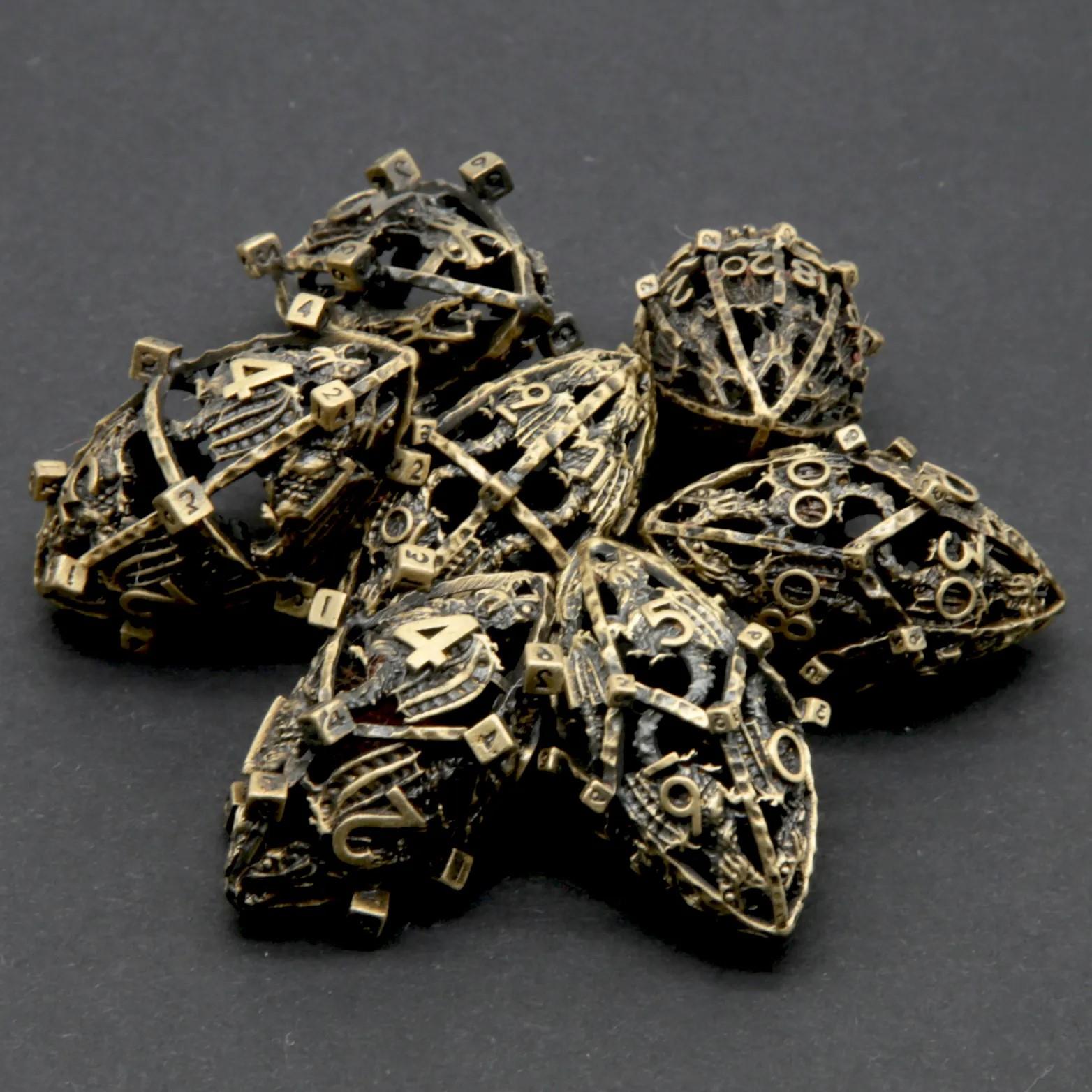 7pcs Dice Metal Hollow Dragon Oval Cubes Bronze