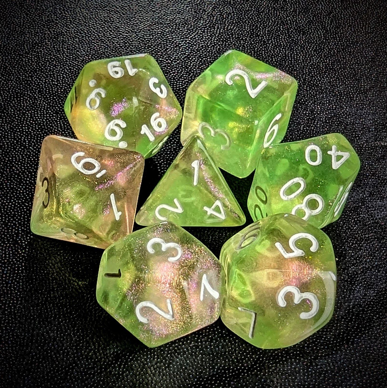 Glitter in Green & Yellow in Clear Acrylic - 7pcs RPG Full Dice Set