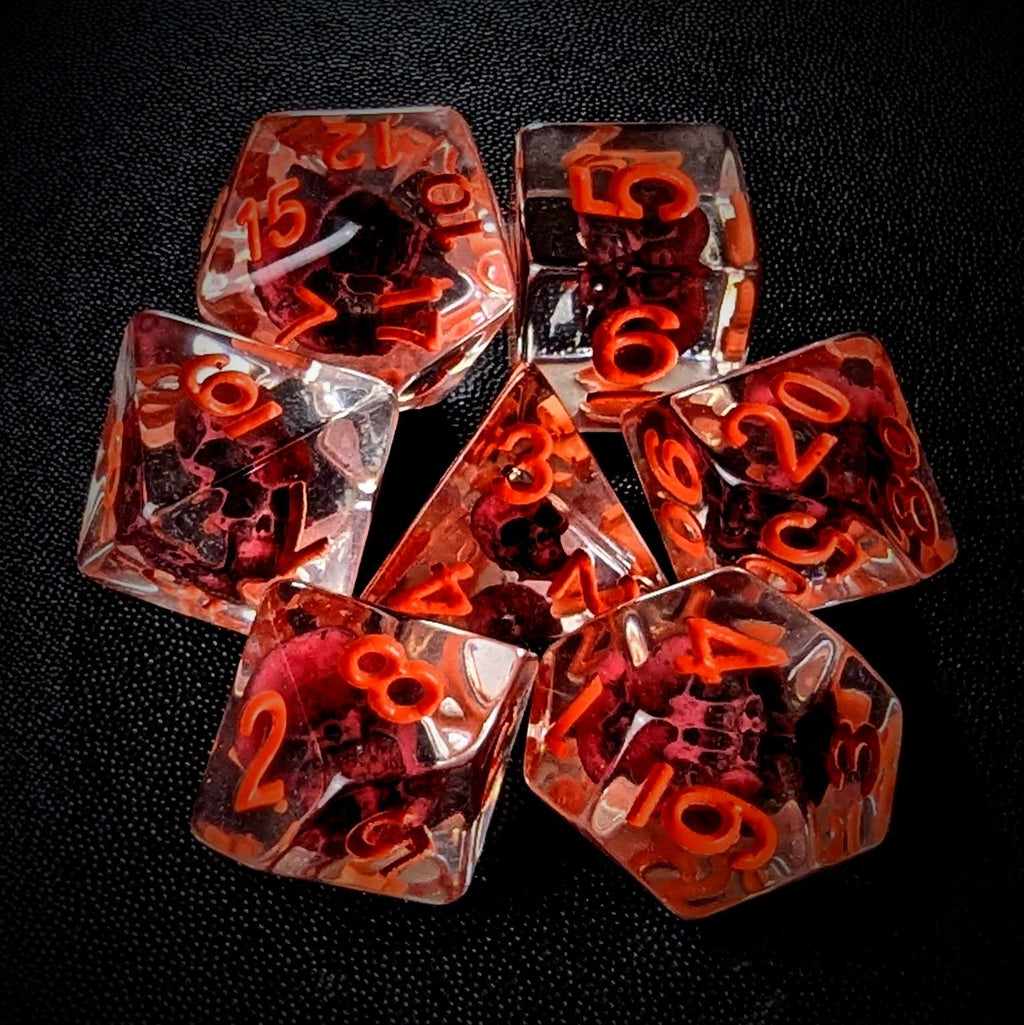 Pink Skull in Clear Resin - 7pcs RPG Full Dice Set