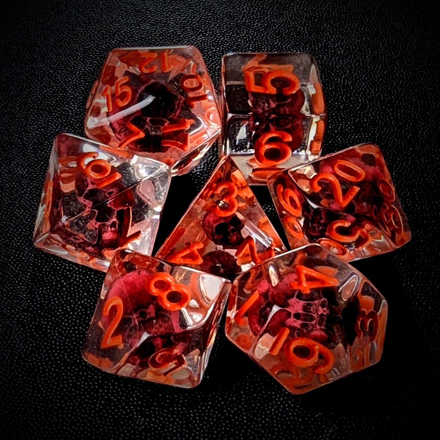 Pink Skull in Clear Resin - 7pcs RPG Full Dice Set