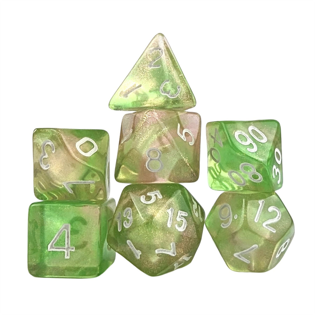 Glitter in Green & Yellow in Clear Acrylic - 7pcs RPG Full Dice Set
