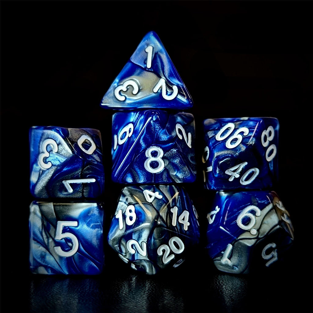 Blend of Silver & Royal Blue Acrylic - 7pcs RPG Full Dice Set