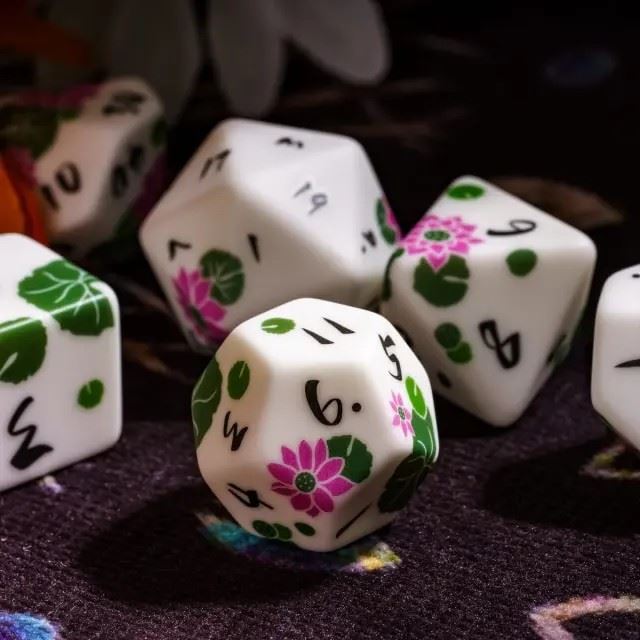 Handmande Pink Flowers on White Resin -  7pcs RPG Dice Set