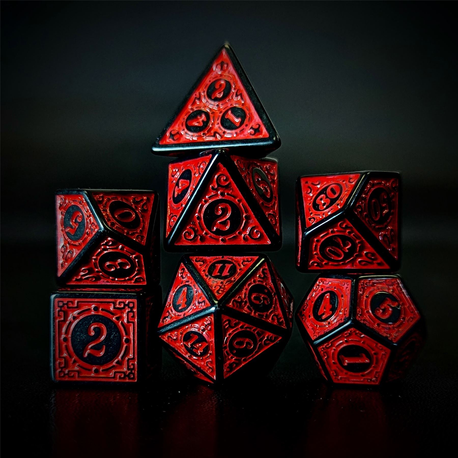 Red Lattice on Black Acrylic - 7pcs RPG Full Dice Set