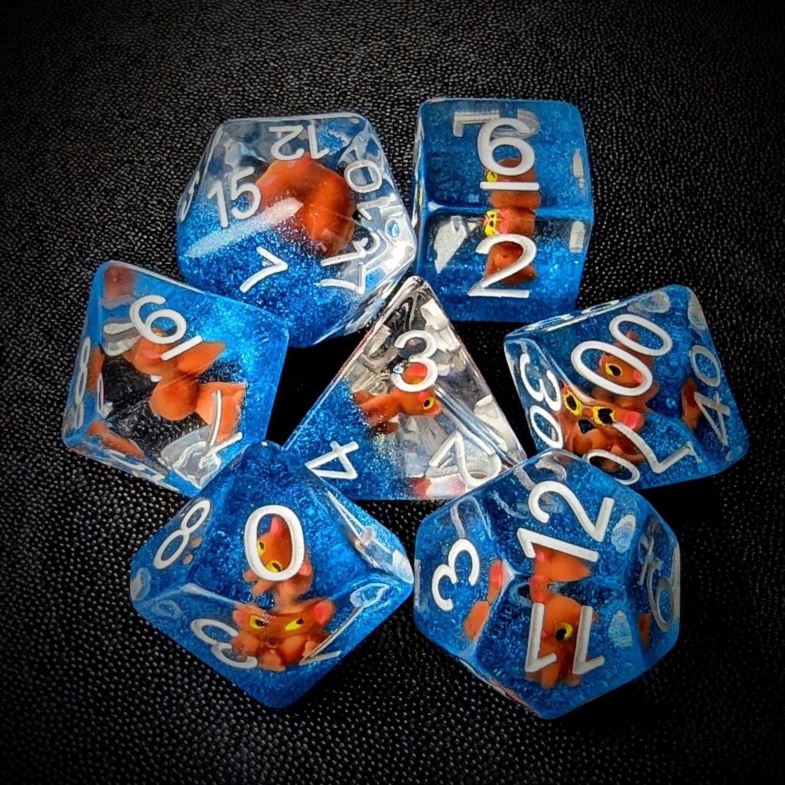 Lion Cub in Clear & Blue Resin - 7pcs RPG Full Dice Set