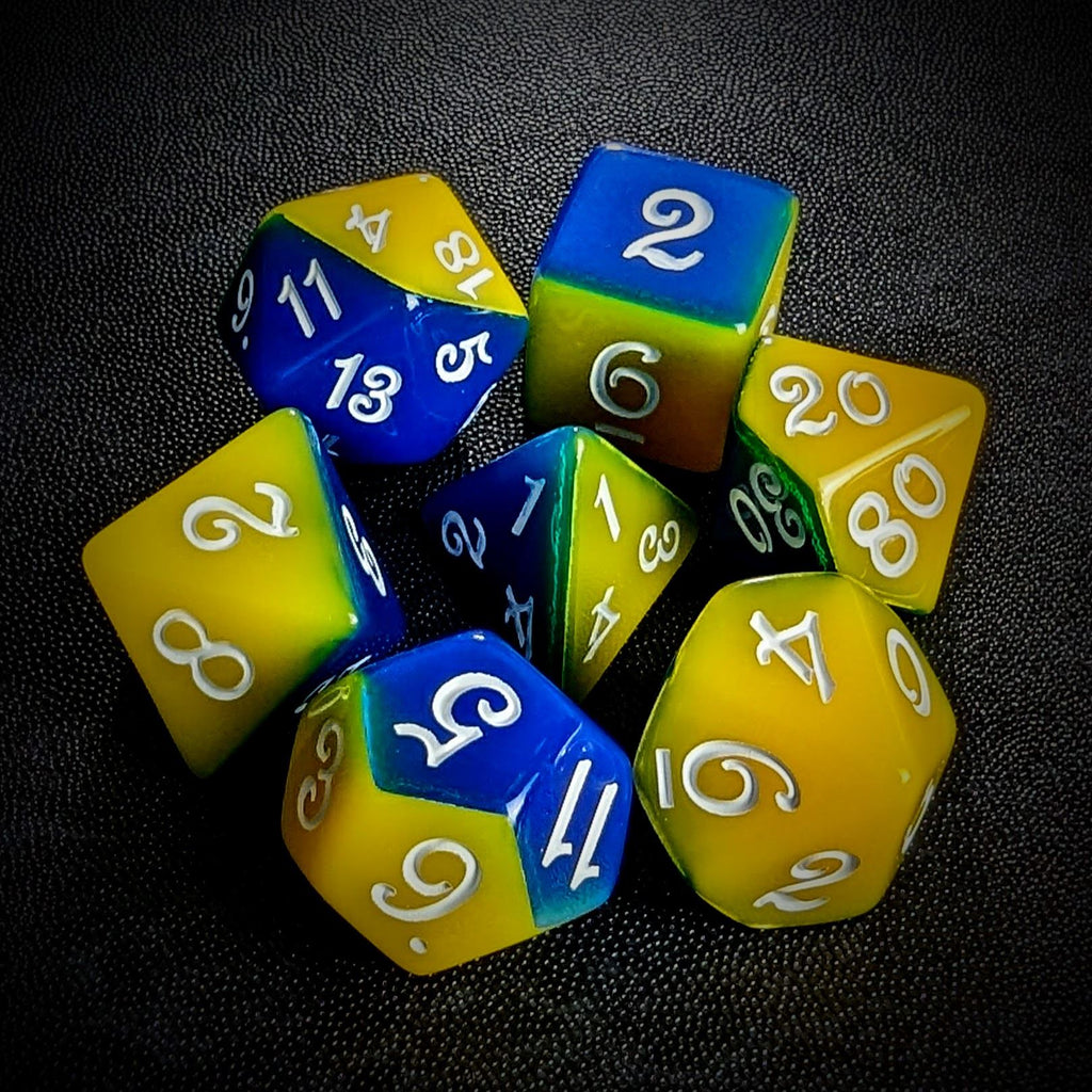 Blend of Yellow & Blue Acrylic - 7pcs RPG Full Dice Set