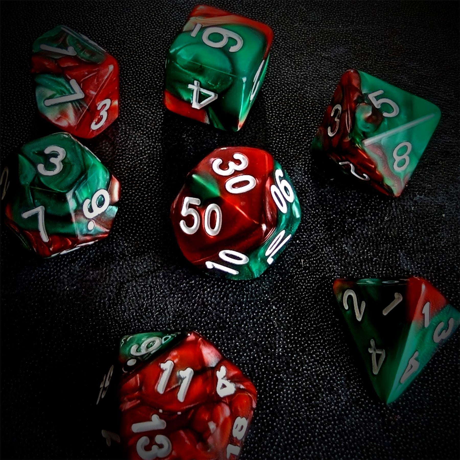 Blend of Red & Green Acrylic - 7pcs RPG Full Dice Set