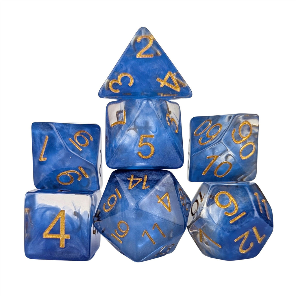Royal Blue Swirl in Clear Resin - 7pcs RPG Full Dice Set