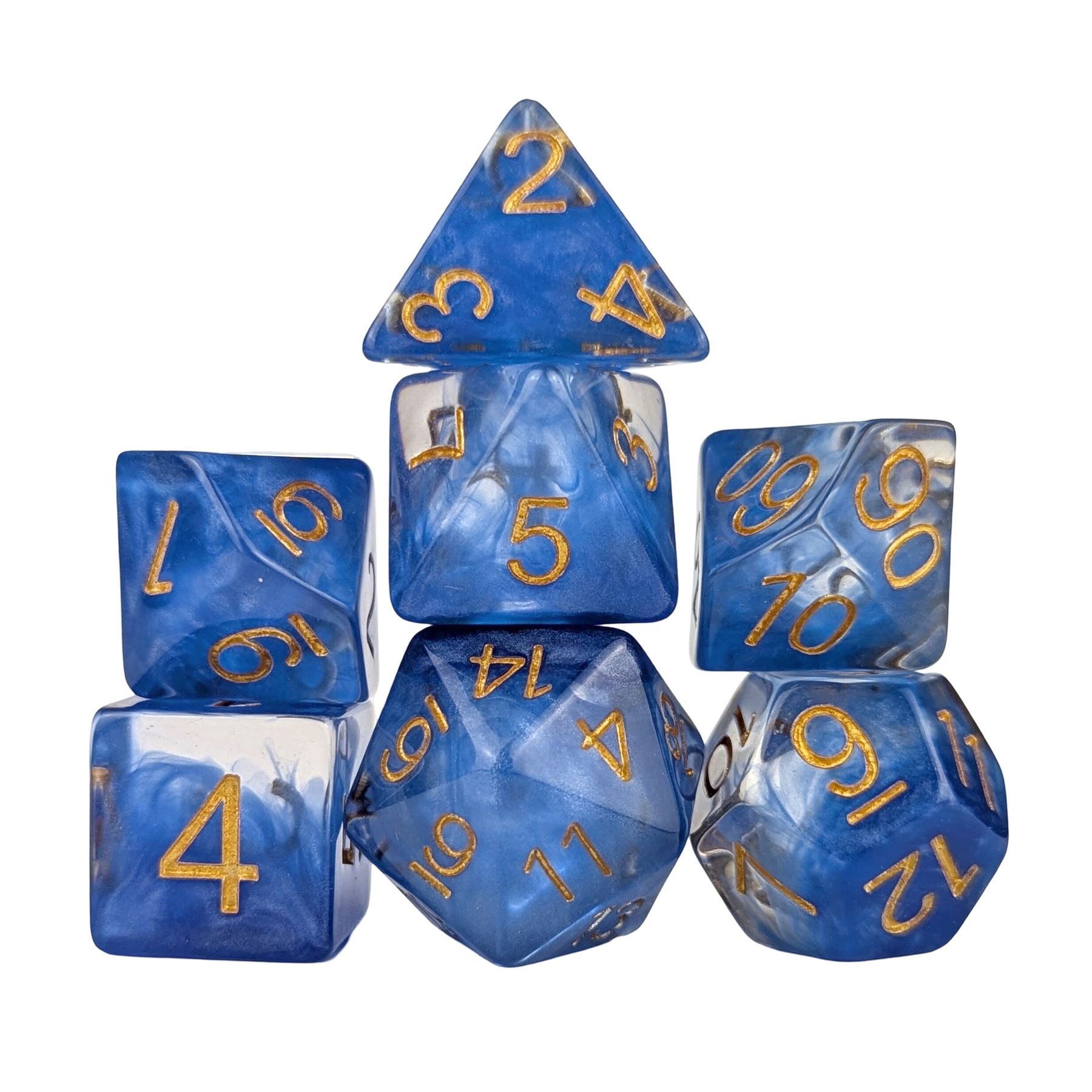 Royal Blue Swirl in Clear Resin - 7pcs RPG Full Dice Set