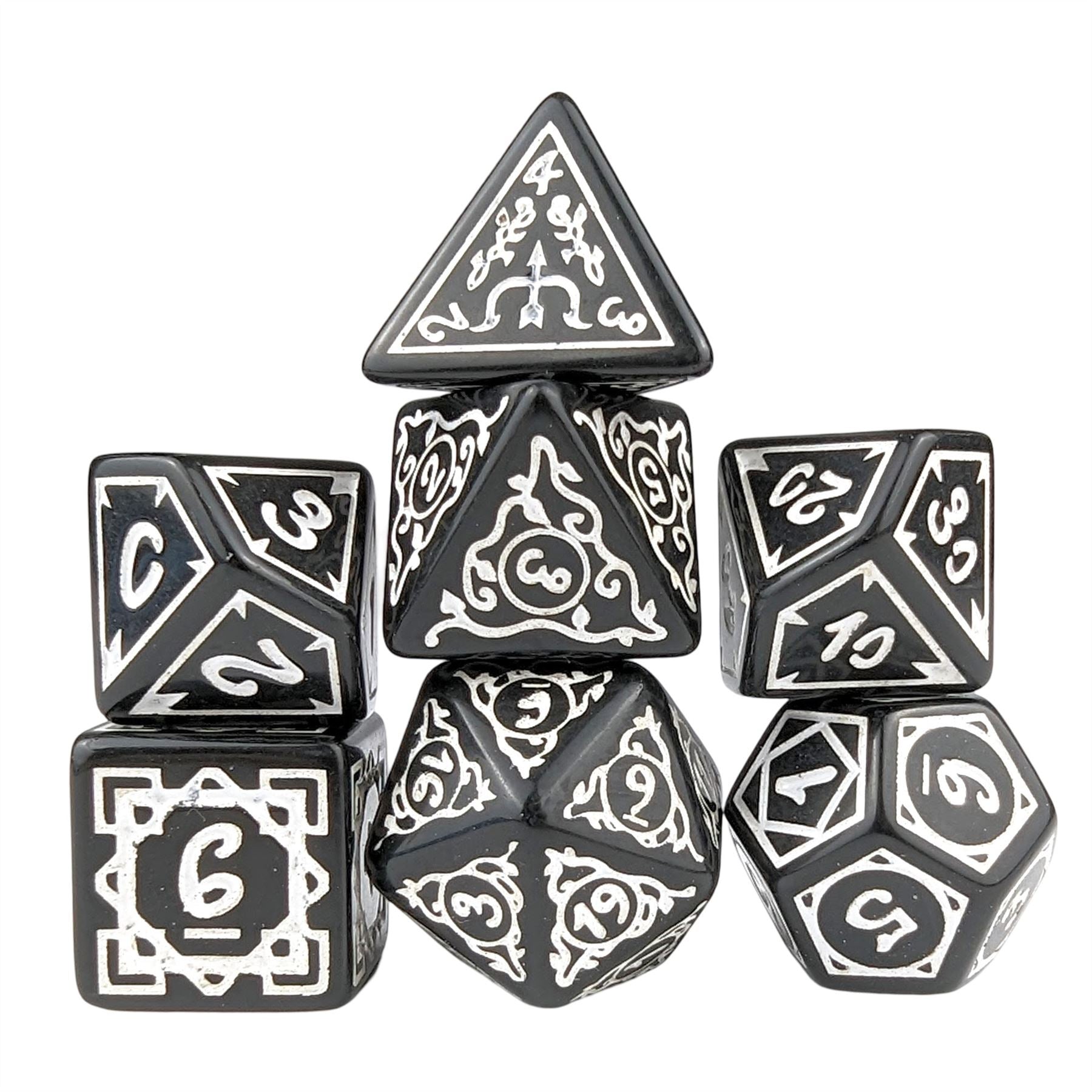 White Vines on Black Acrylic - 7pcs RPG Full Dice Set
