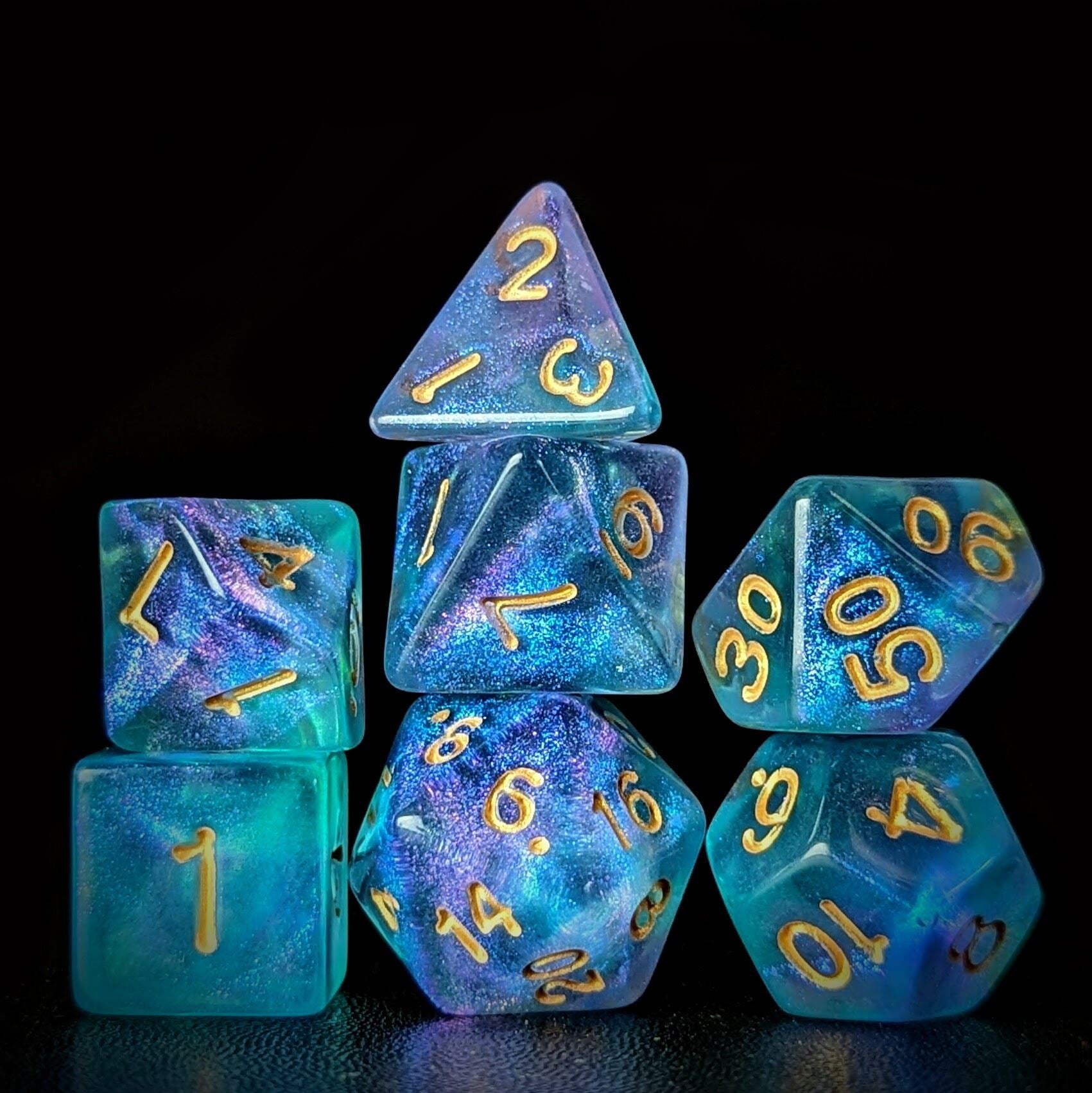 Glitter in Purple & Blue Acrylic - 7pcs RPG Full Dice Set