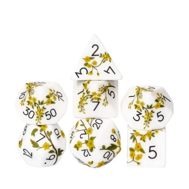 Handmande Yellow Flowers on White Resin -  7pcs RPG Dice Set