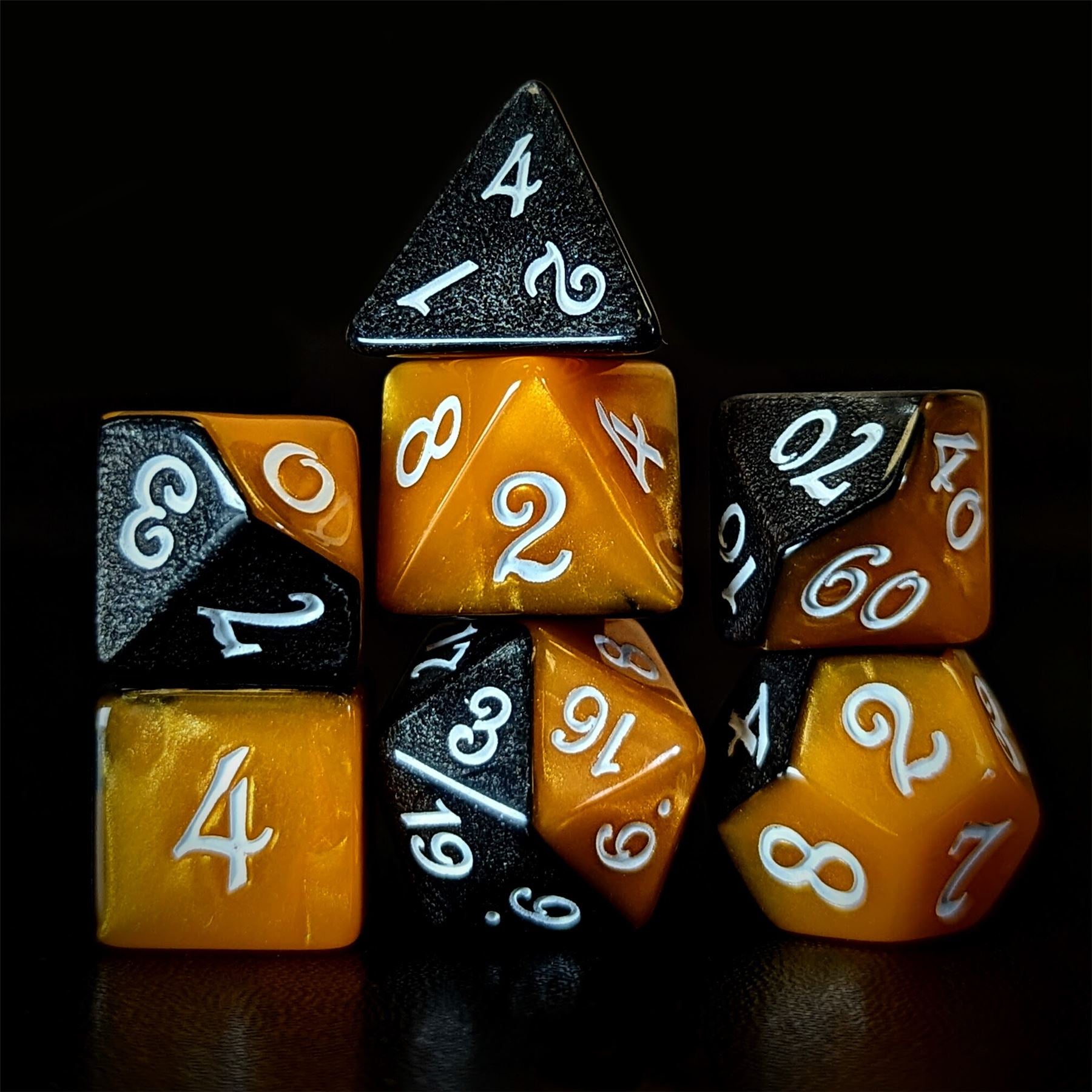 Blend of Black & Orange Acrylic - 7pcs RPG Full Dice Set