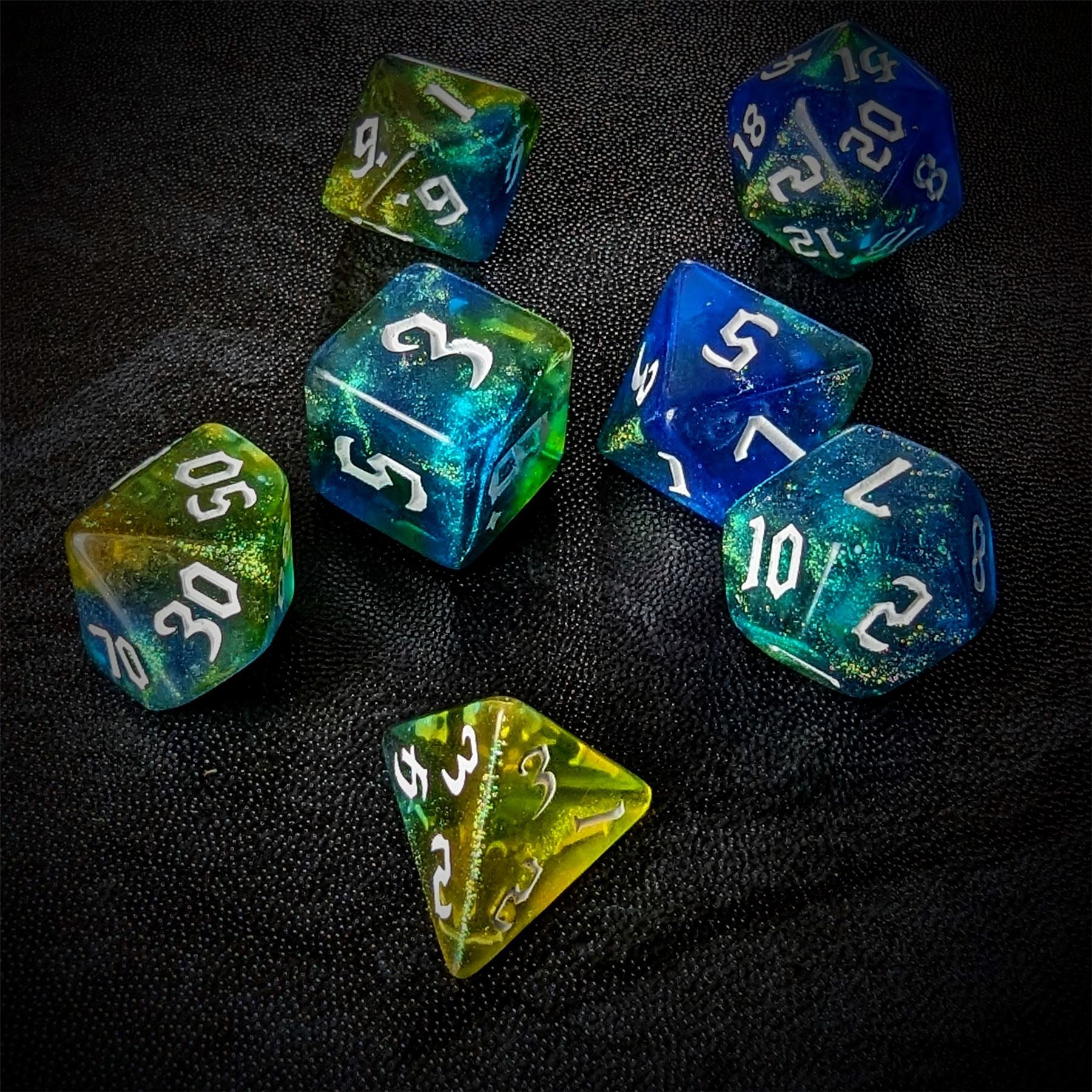 Glitter in Blue & Yellow Acrylic - 7pcs RPG Full Dice Set