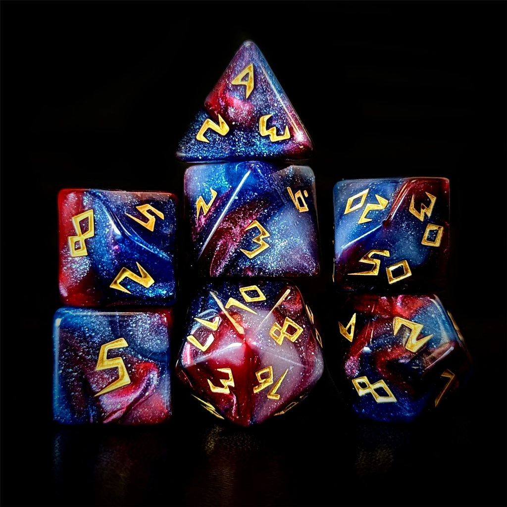 Glitter in Blue & Red Acrylic - 7pcs RPG Full Dice Set