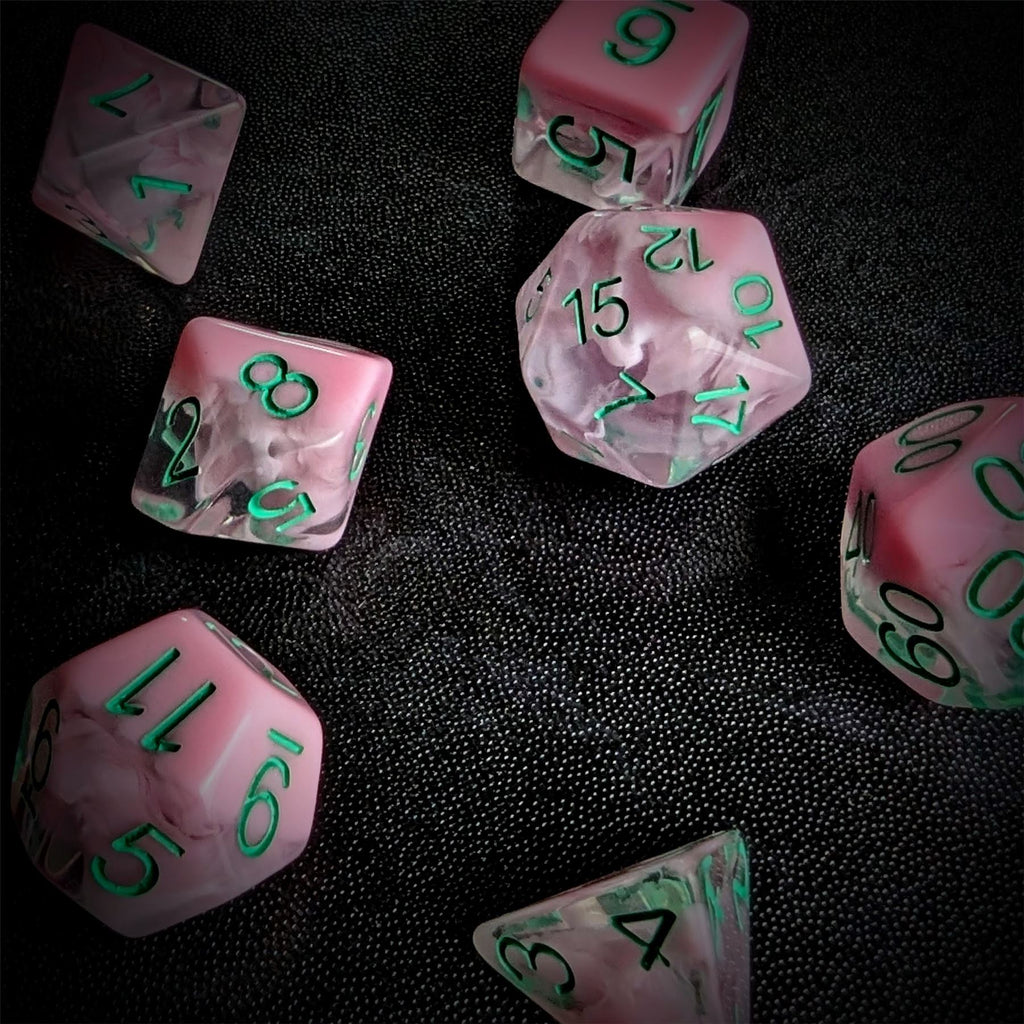 Pink Swirl in Clear Resin - 7pcs RPG Full Dice Set