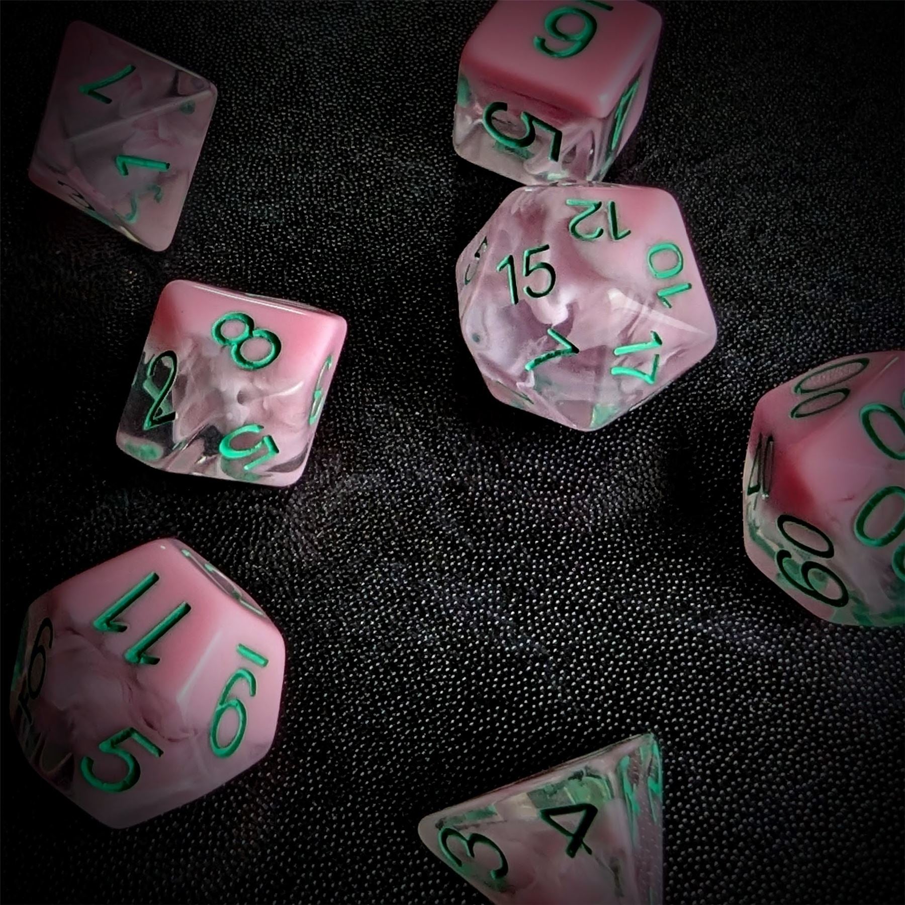 Pink Swirl in Clear Resin - 7pcs RPG Full Dice Set