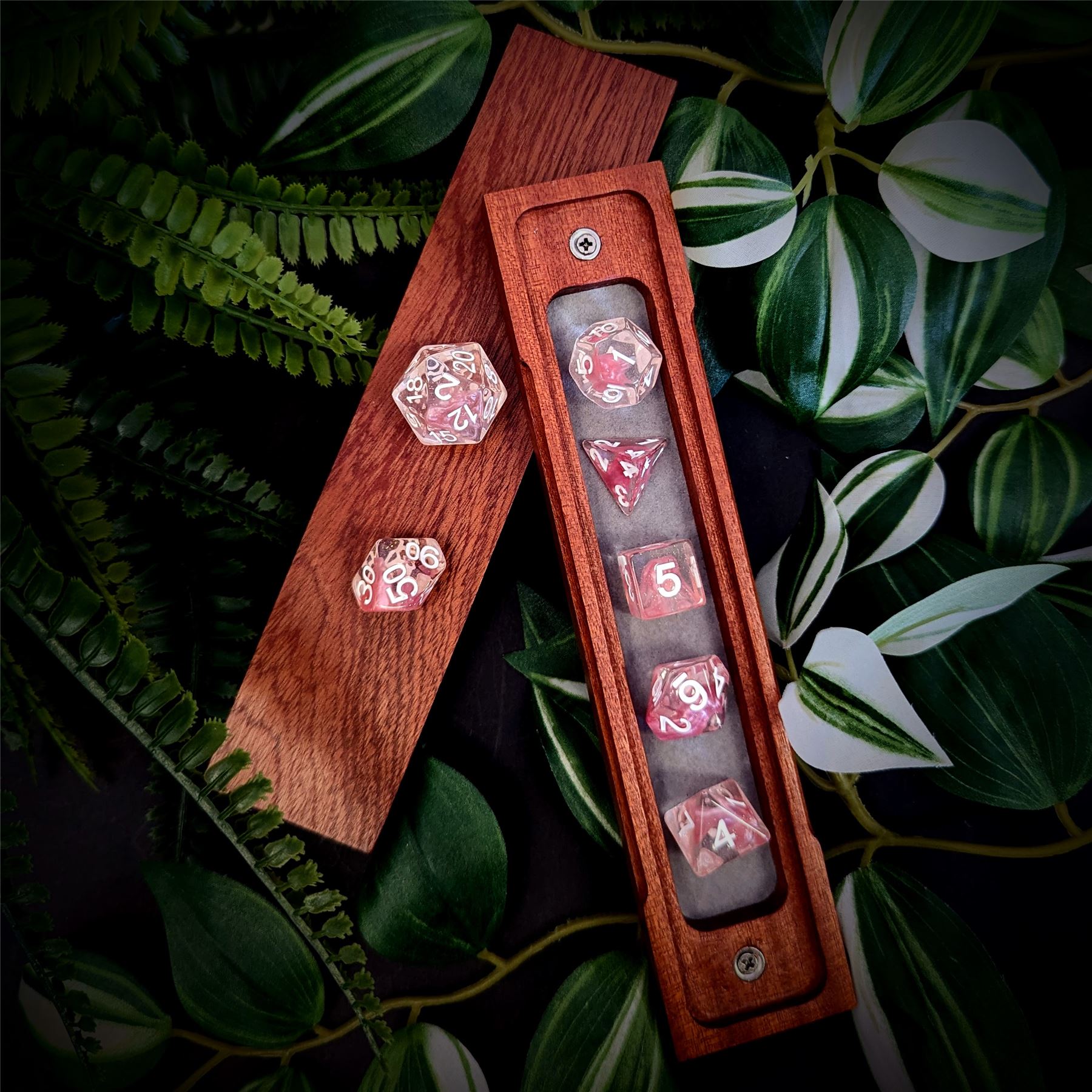 Pink Swirl in Clear Resin - 7pcs RPG Full Dice Set