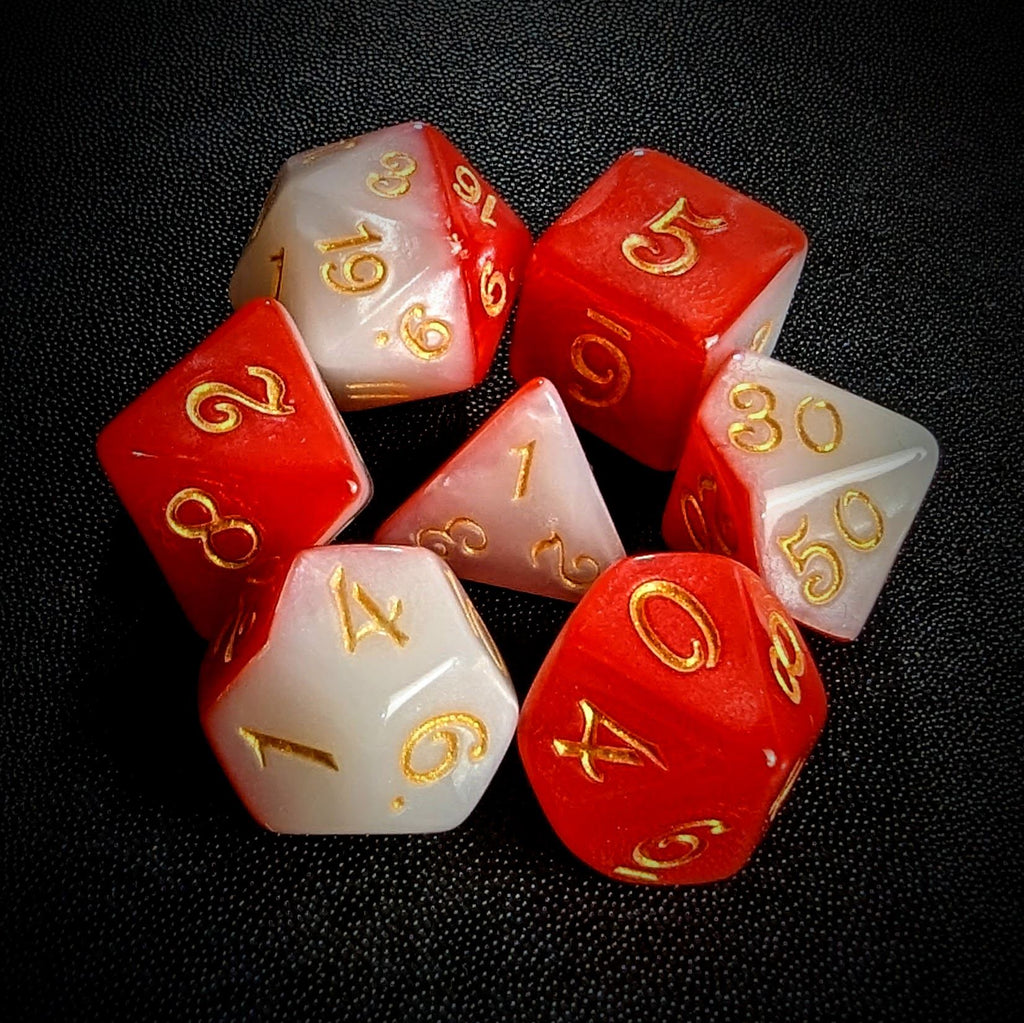 Blend of Red & White Acrylic - 7pcs RPG Full Dice Set