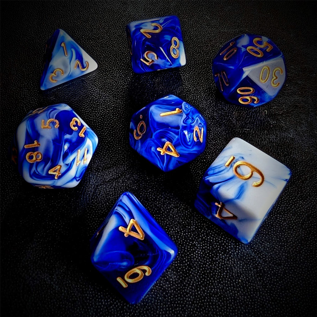 Blend of White & Royal Blue Acrylic - 7pcs RPG Full Dice Set