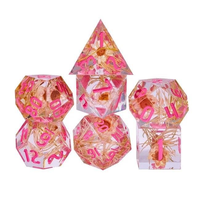 Gold Flower in Clear Filled Sharp Resin - 7pcs RPG Dice Set